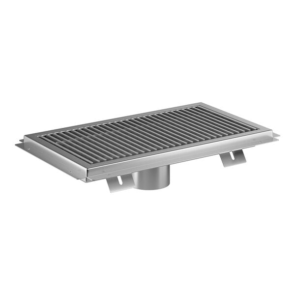 A rectangular 12" x 24" stainless steel floor water receptacle with a grated top and central drain outlet.