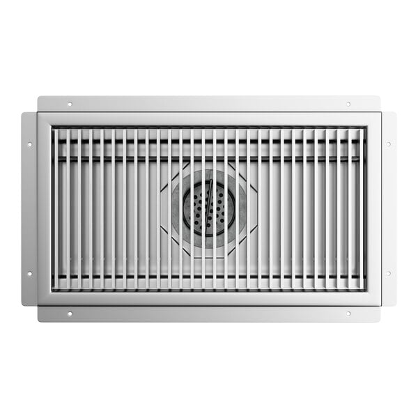 A rectangular stainless steel floor water receptacle with a grate cover.