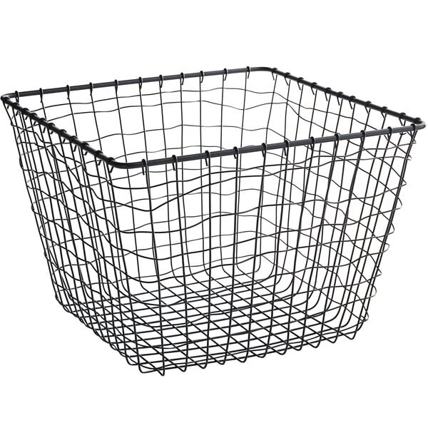 A metal gray square wire basket with a handle.