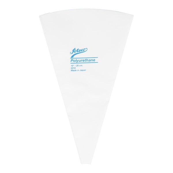 A white, triangular pastry bag with blue text printed on it.