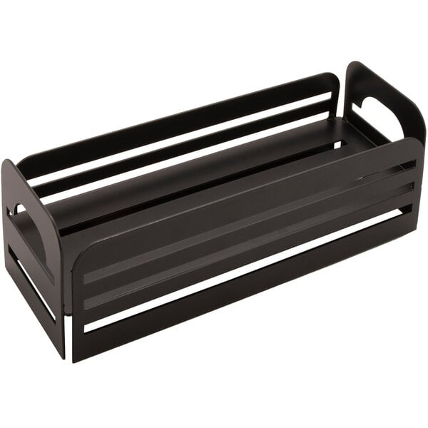 A gray metal rectangular display stand with a single level for square condiment jars.