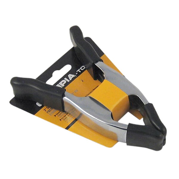 A black and silver metal spring clamp with a yellow label.
