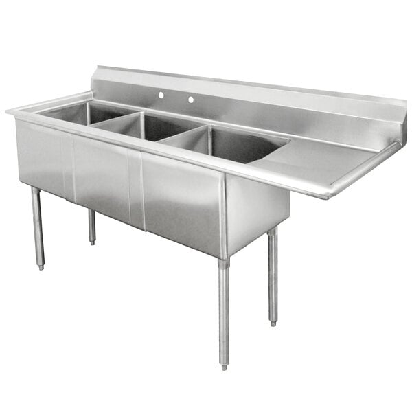 A stainless steel Advance Tabco commercial sink with three compartments.