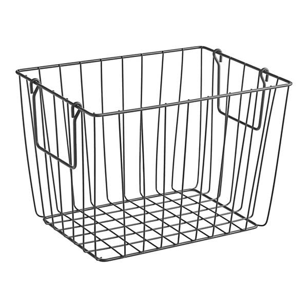 A rectangular metal gray basket with swinging wire handles.