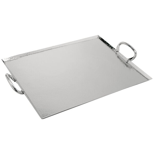 A GET Hammersmyth stainless steel serving tray with hammered finish and handles.