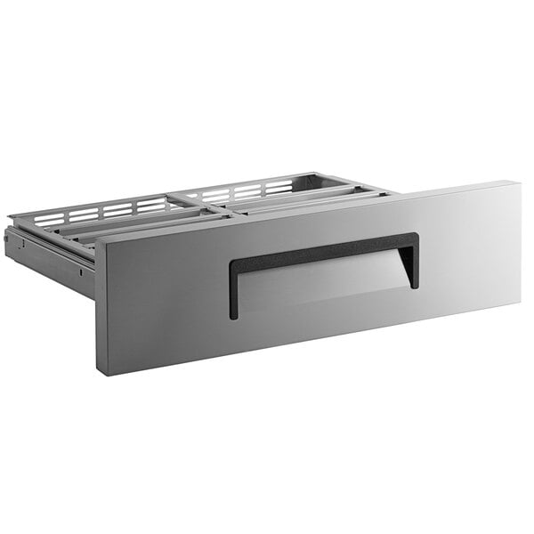 An Avantco silver drawer assembly with a black handle.