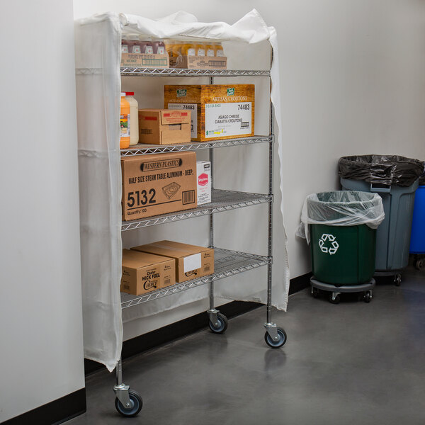 A white uncoated nylon cover on a Metro shelving unit.