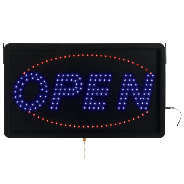 A black sign with blue and white LED lights spelling "Open" on a white background.