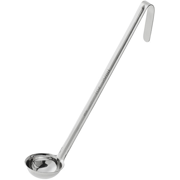 A silver ladle with a long handle.