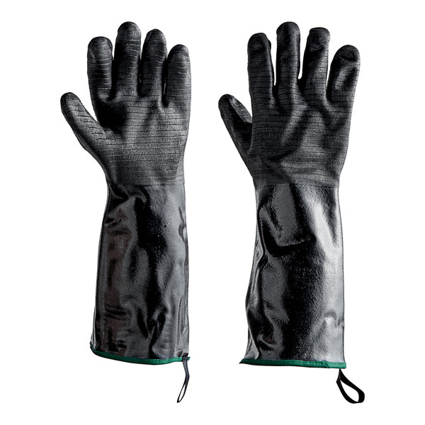 A pair of black Vigor SafeMitt gloves with green accents.