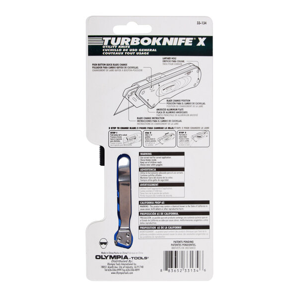 A white box with blue text for Olympia Tools 33-134 Turboknife X utility knife.