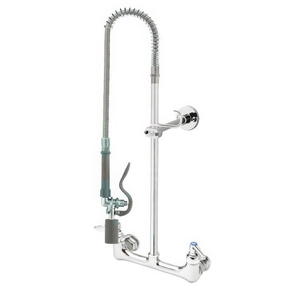 A T&S chrome wall mounted pre-rinse faucet with hose and hand sprayer.