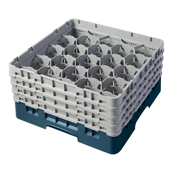 A teal and gray 20-compartment glass rack with four extenders for washing and storing glassware.