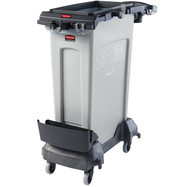 A black Rubbermaid Slim Jim rectangular rim caddy attached to a grey trash container.