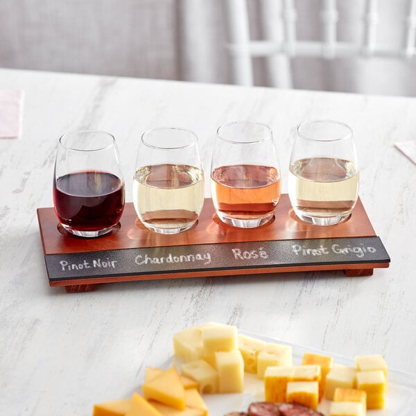 Acopa Write-On Flight Tray with 6 oz. Stemless Wine Tasting Glasses
