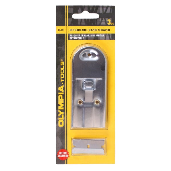 A package of 3 metal Olympia Tools razor scrapers.