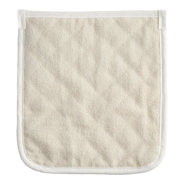 A rectangular beige terry cloth pan grabber or baker's pad with white trim around the edges.