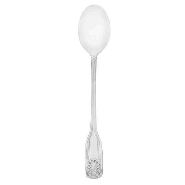 A silver iced tea spoon with a white handle.