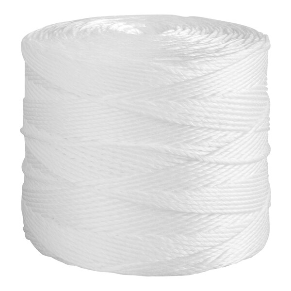 A spool of white, twisted industrial twine wound in a cylindrical shape.