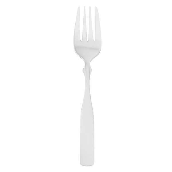 A close-up of a Walco stainless steel salad fork with a white handle.