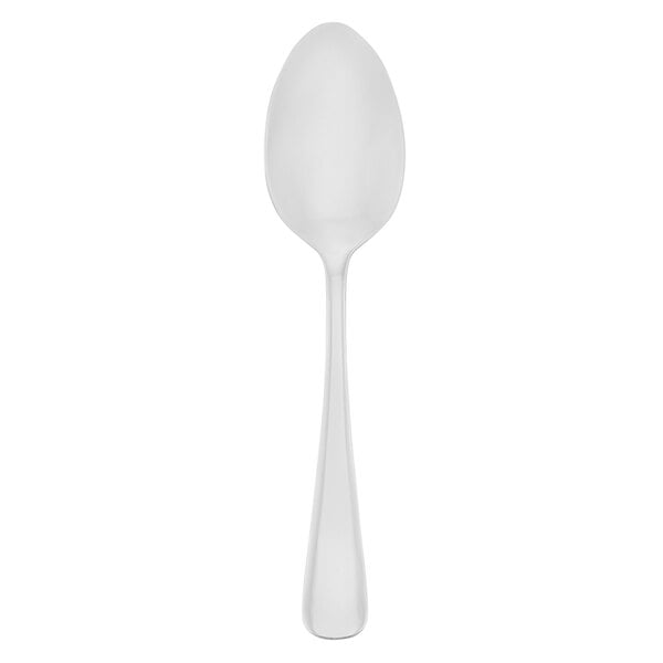 A Walco stainless steel dessert spoon with a white handle.