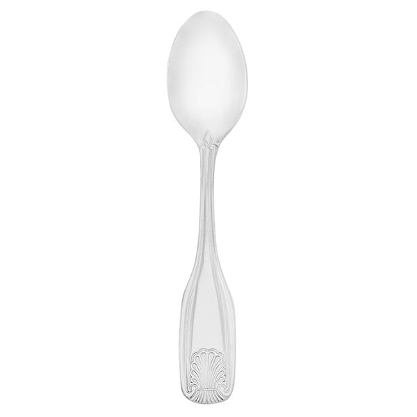 A stainless steel Walco Fanfare demitasse spoon with a design on the handle.