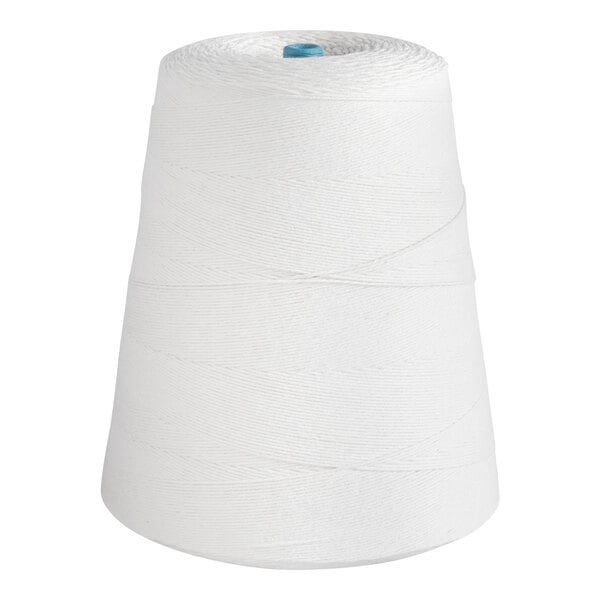 A large white cone of twine with a slightly textured surface and a blue center at the top.