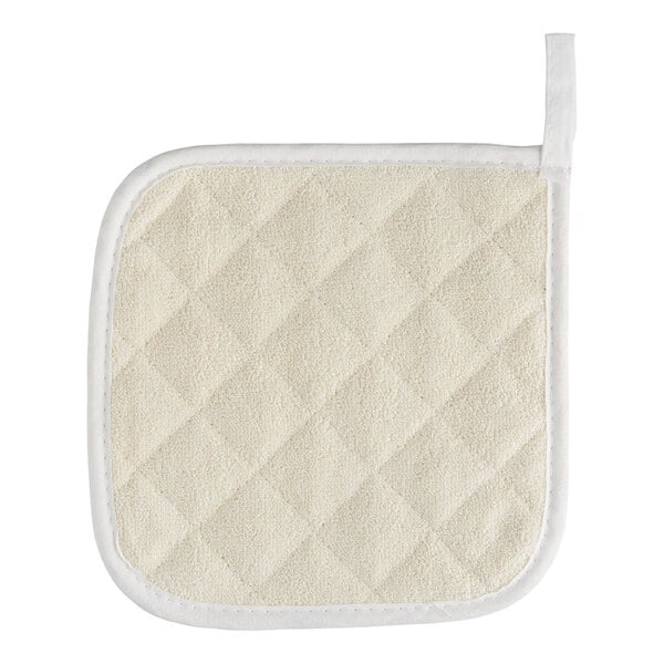 A square, cream-colored quilted fabric pad with a loop for hanging, likely used as a pot holder.