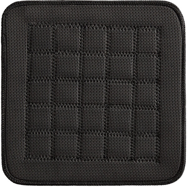A black square SafeMitt pot holder with a grid pattern.