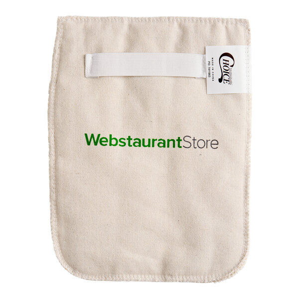 A beige terry cloth pan grabber or baker's pad with a wrist strap and WebstaurantStore branding.