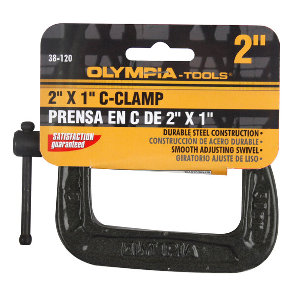 A black Olympia Tools cast steel C-clamp with adjusting swivel.