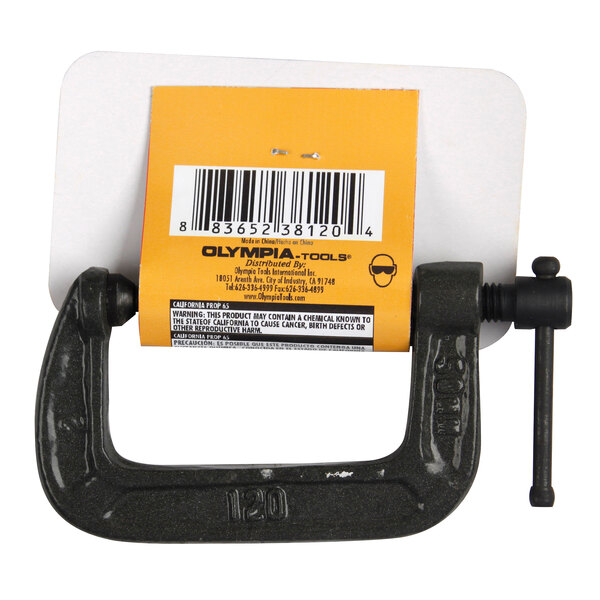 An Olympia Tools black cast steel C-clamp with a yellow label.