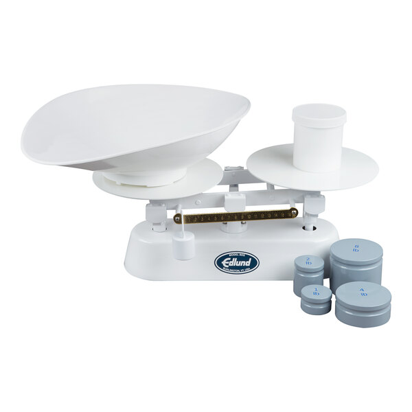 An Edlund white baker's dough scale with white bowls.