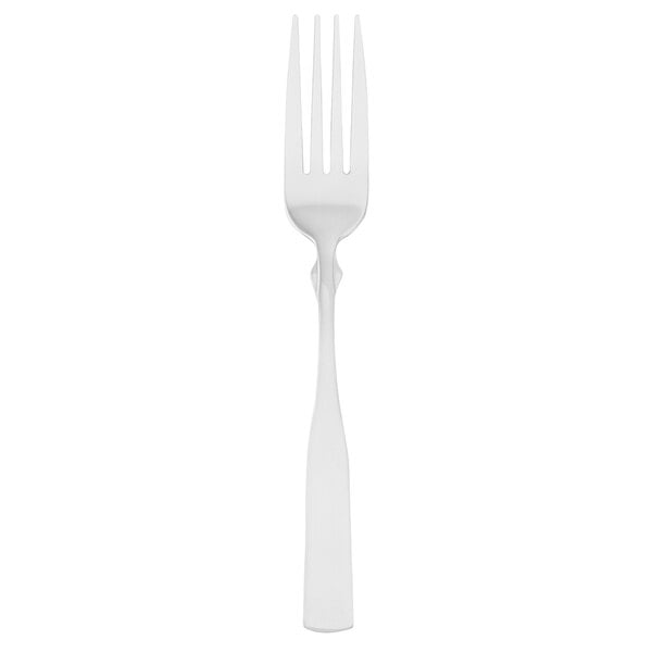 A Walco stainless steel dinner fork with a white handle on a white background.