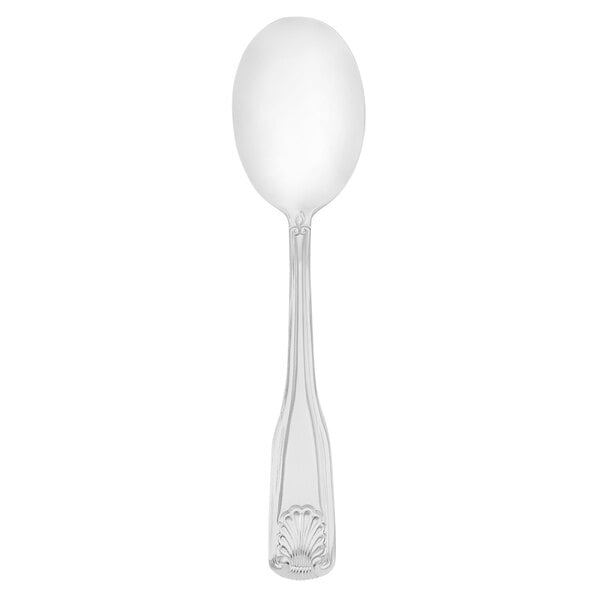 A silver spoon with a black handle.