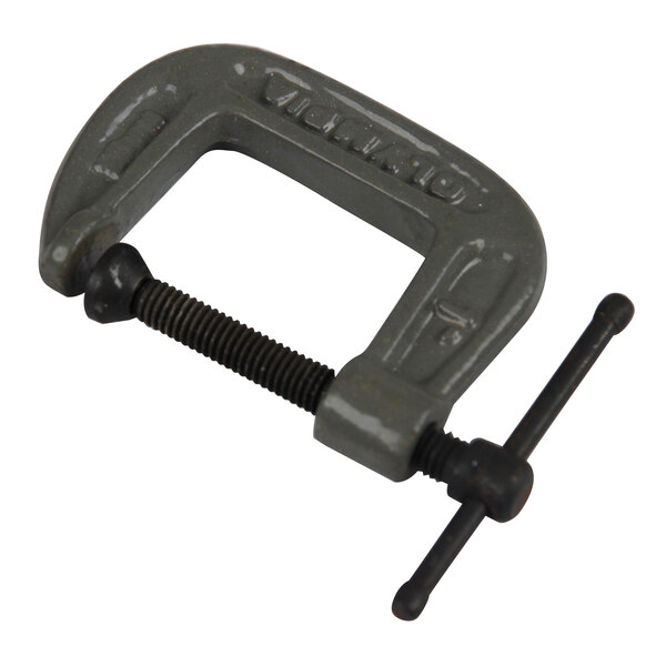 A grey metal Olympia Tools C-clamp with a black screw handle.