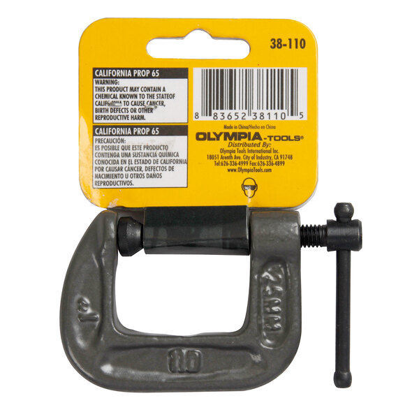 An Olympia Tools grey cast steel C-clamp with a black oxide swivel handle.