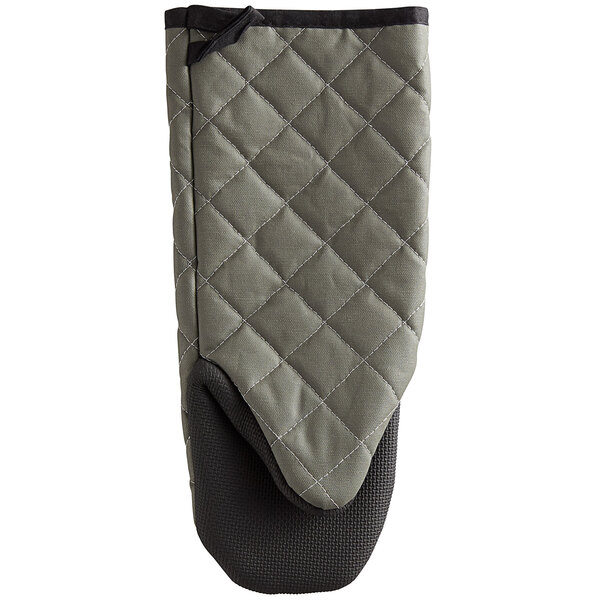 A grey quilted SafeMitt oven mitt with a black neoprene grip.