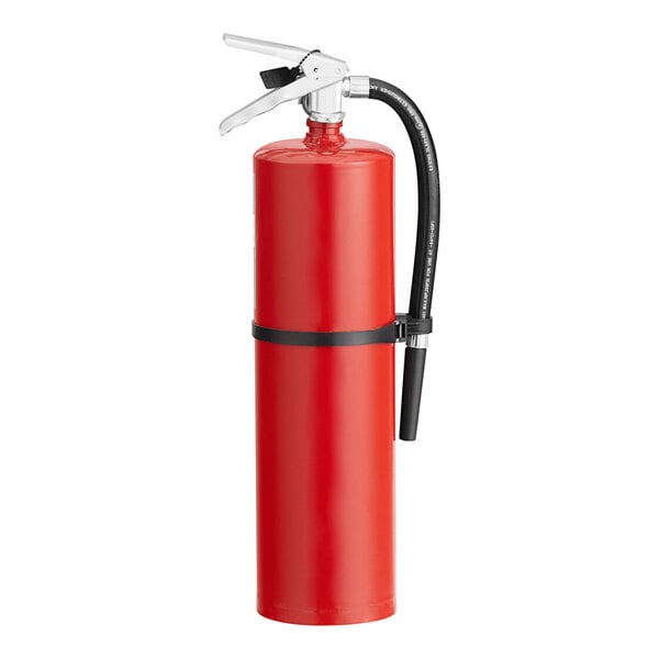 A red Buckeye fire extinguisher with a hose.