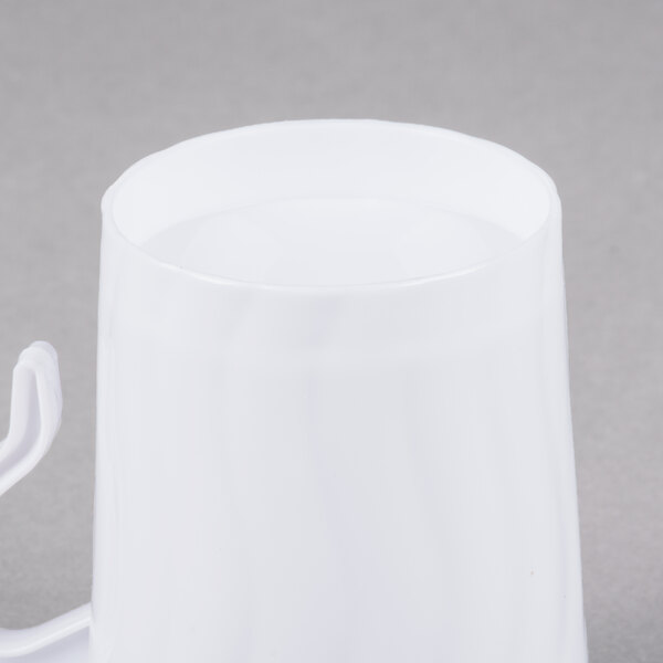 A close up of a Fineline white plastic coffee mug with a handle.