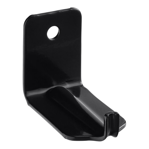 A black metal bracket with a hole in it.