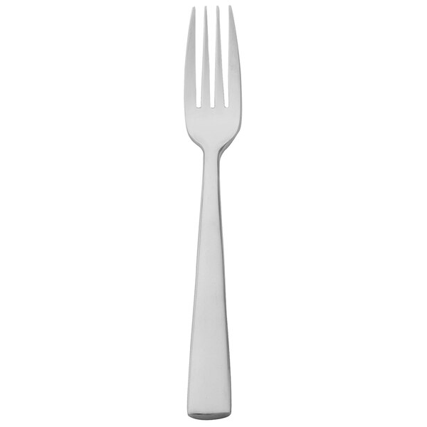 A silver fork with a black handle.