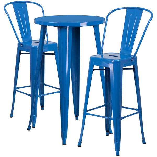 A blue table with a blue metal round top and two blue metal chairs.