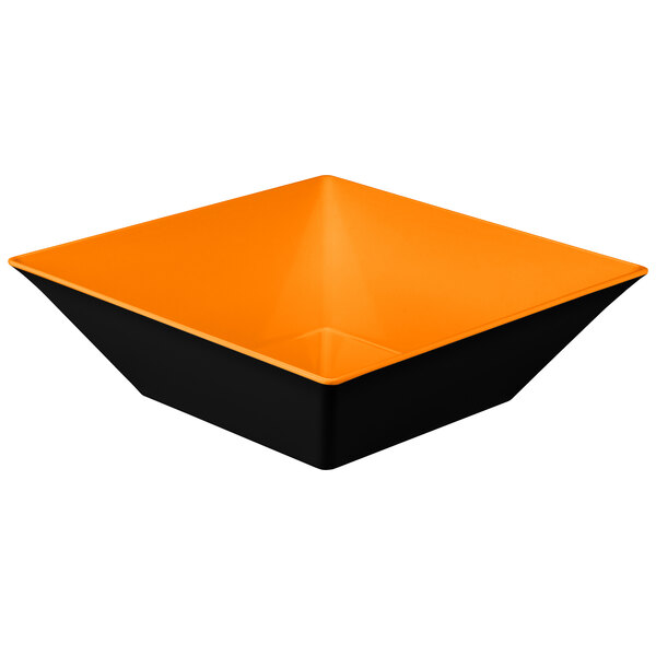 An orange and black square melamine bowl with a lid.