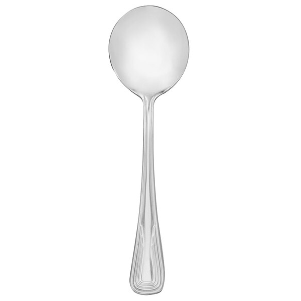 A silver spoon with a black handle on a white background.