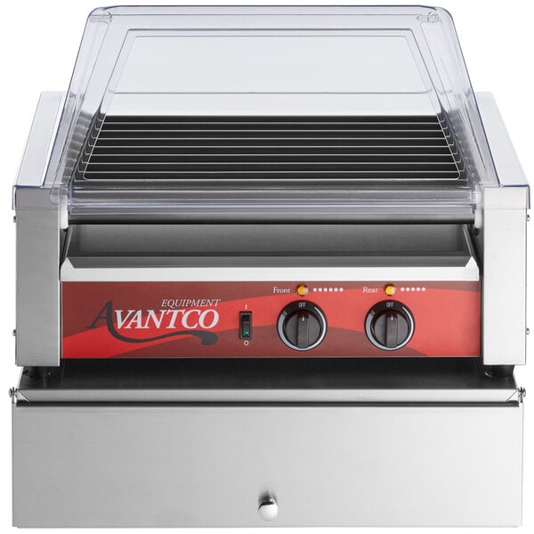 An Avantco commercial hot dog roller with sneeze guard.