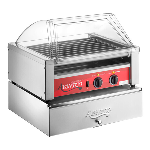 A stainless steel roller grill with a clear sneeze guard, red control panel, and a lower bun cabinet.