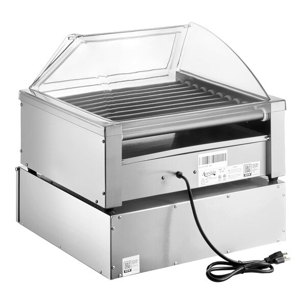 A stainless steel electric roller grill with a clear sneeze guard and a lower storage cabinet, shown with a power cord.