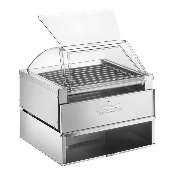A stainless steel roller grill with a transparent sneeze guard and a lower storage compartment.