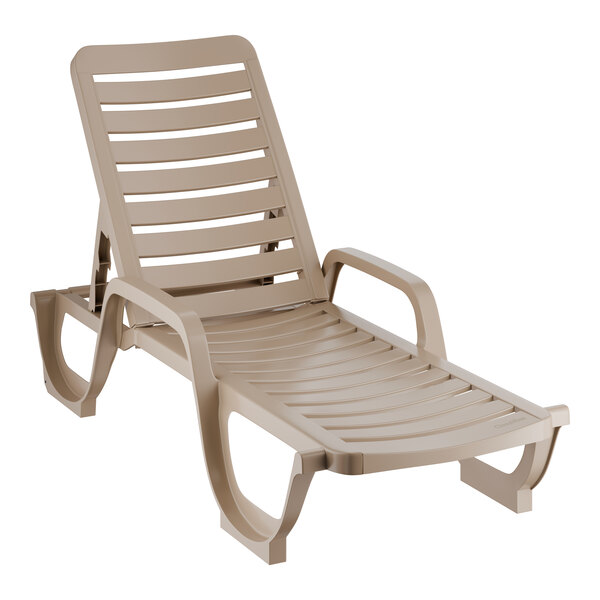 A taupe-colored adjustable resin chaise lounge chair with a slatted design and armrests.